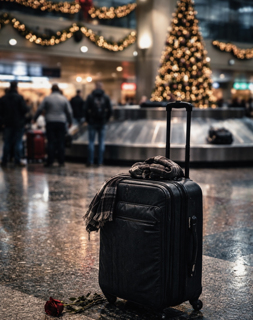 Black suitcase in airport terminal with Christmas decorations